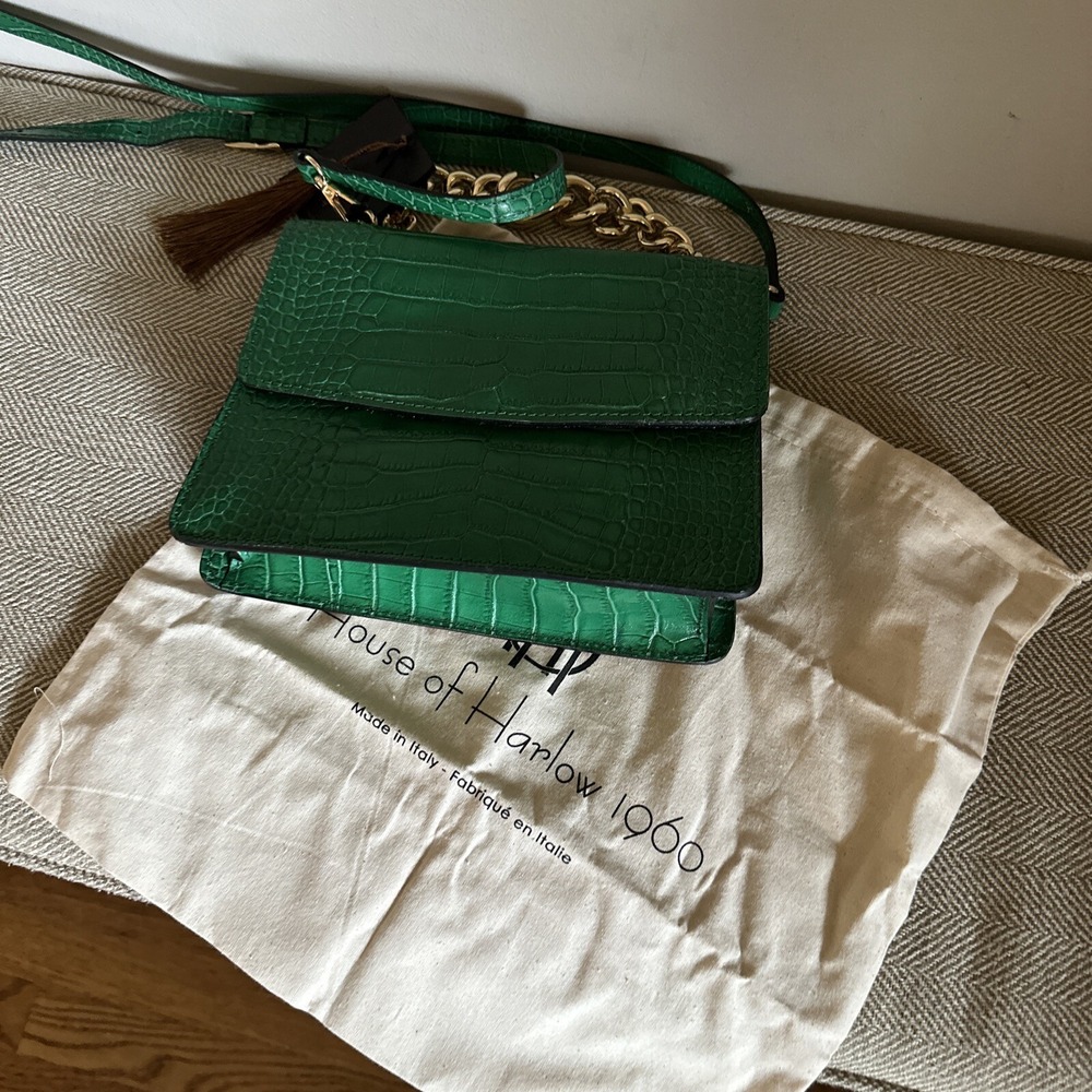 House Of Harlow 1960 Croc Embossed Leather Crossbody Bag Green Made In Italy NEW - Picture 5 of 5
